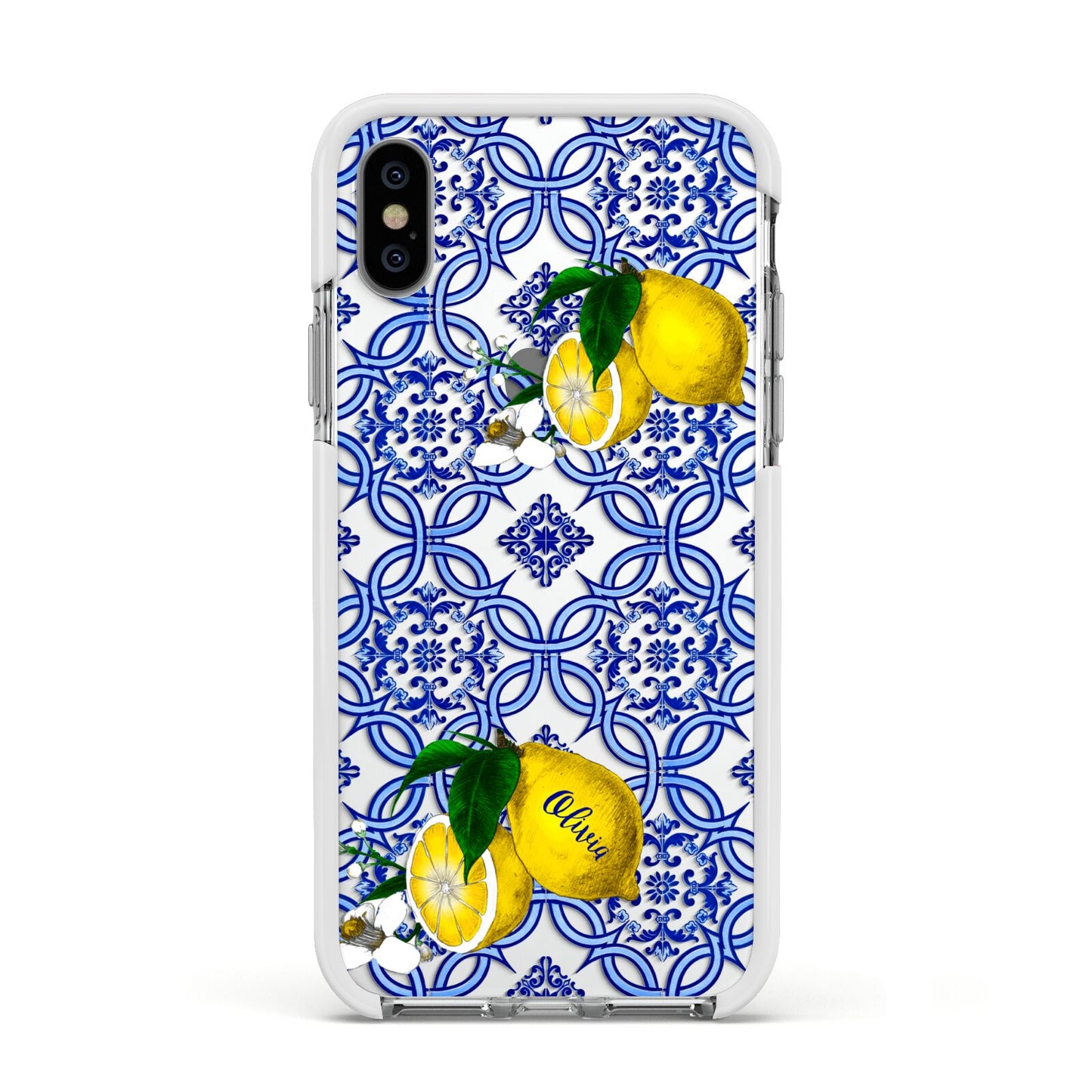 Personalised Mediterranean Tiles and Lemons Apple iPhone Xs Impact Case White Edge on Silver Phone