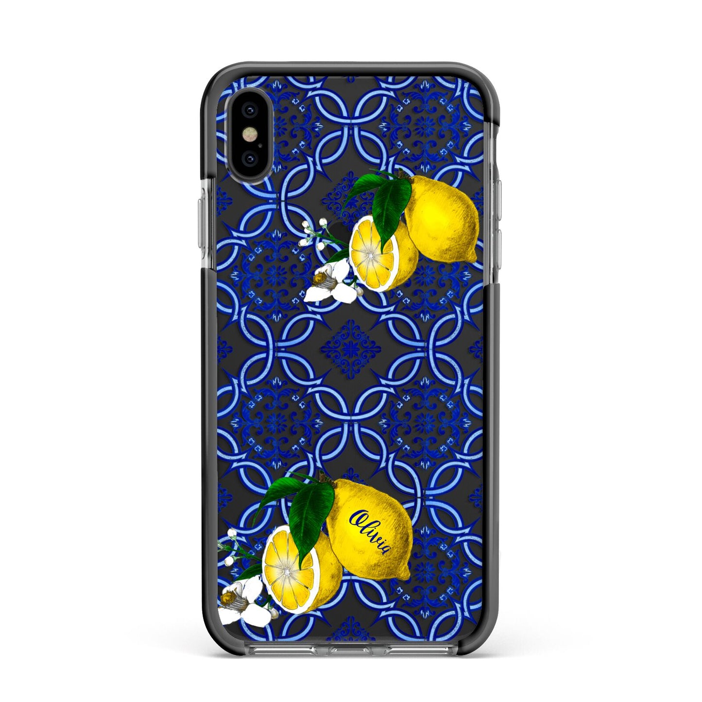 Personalised Mediterranean Tiles and Lemons Apple iPhone Xs Max Impact Case Black Edge on Black Phone