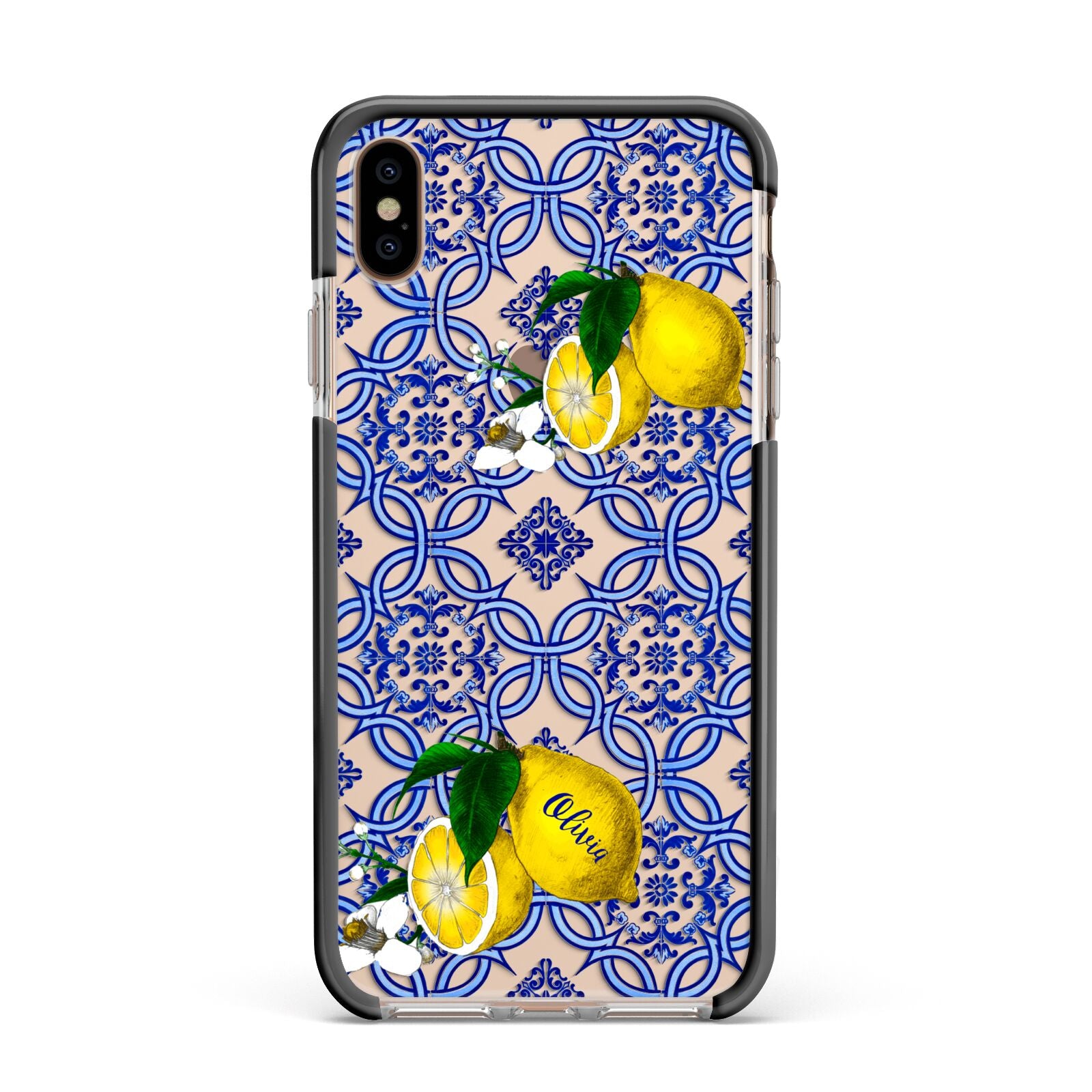 Personalised Mediterranean Tiles and Lemons Apple iPhone Xs Max Impact Case Black Edge on Gold Phone