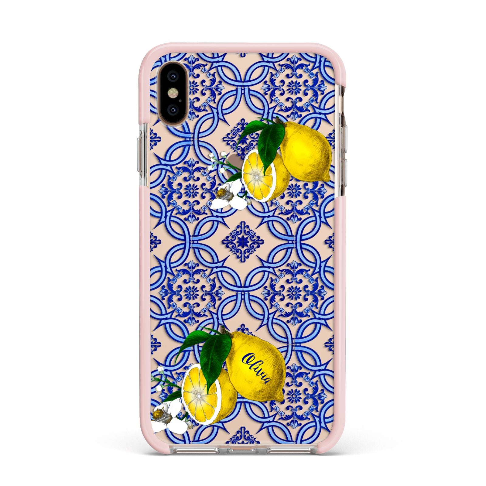 Personalised Mediterranean Tiles and Lemons Apple iPhone Xs Max Impact Case Pink Edge on Gold Phone