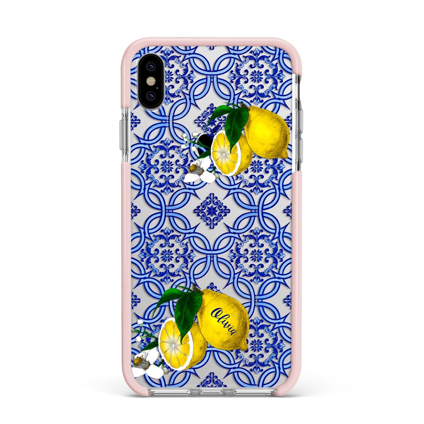 Personalised Mediterranean Tiles and Lemons Apple iPhone Xs Max Impact Case Pink Edge on Silver Phone