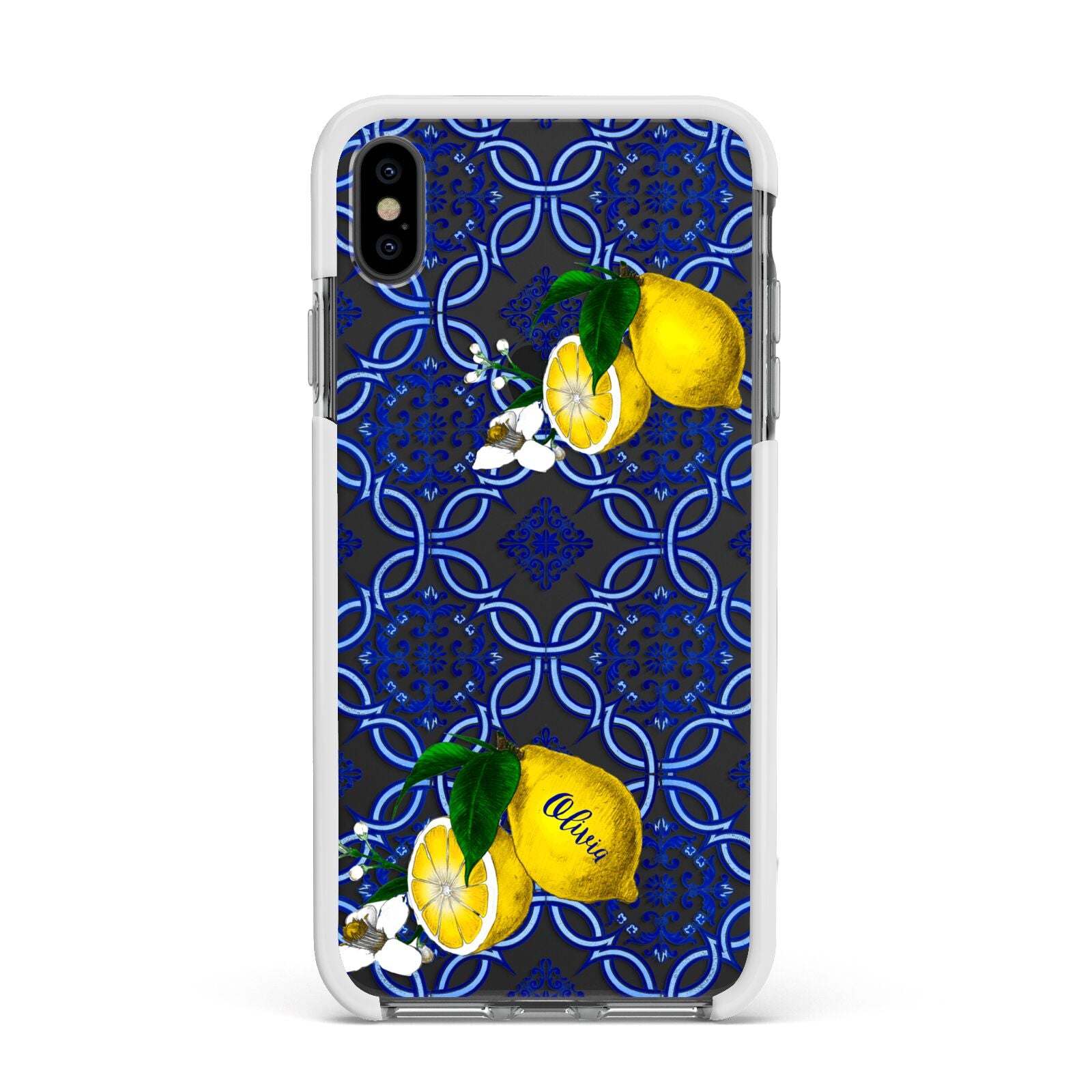 Personalised Mediterranean Tiles and Lemons Apple iPhone Xs Max Impact Case White Edge on Black Phone