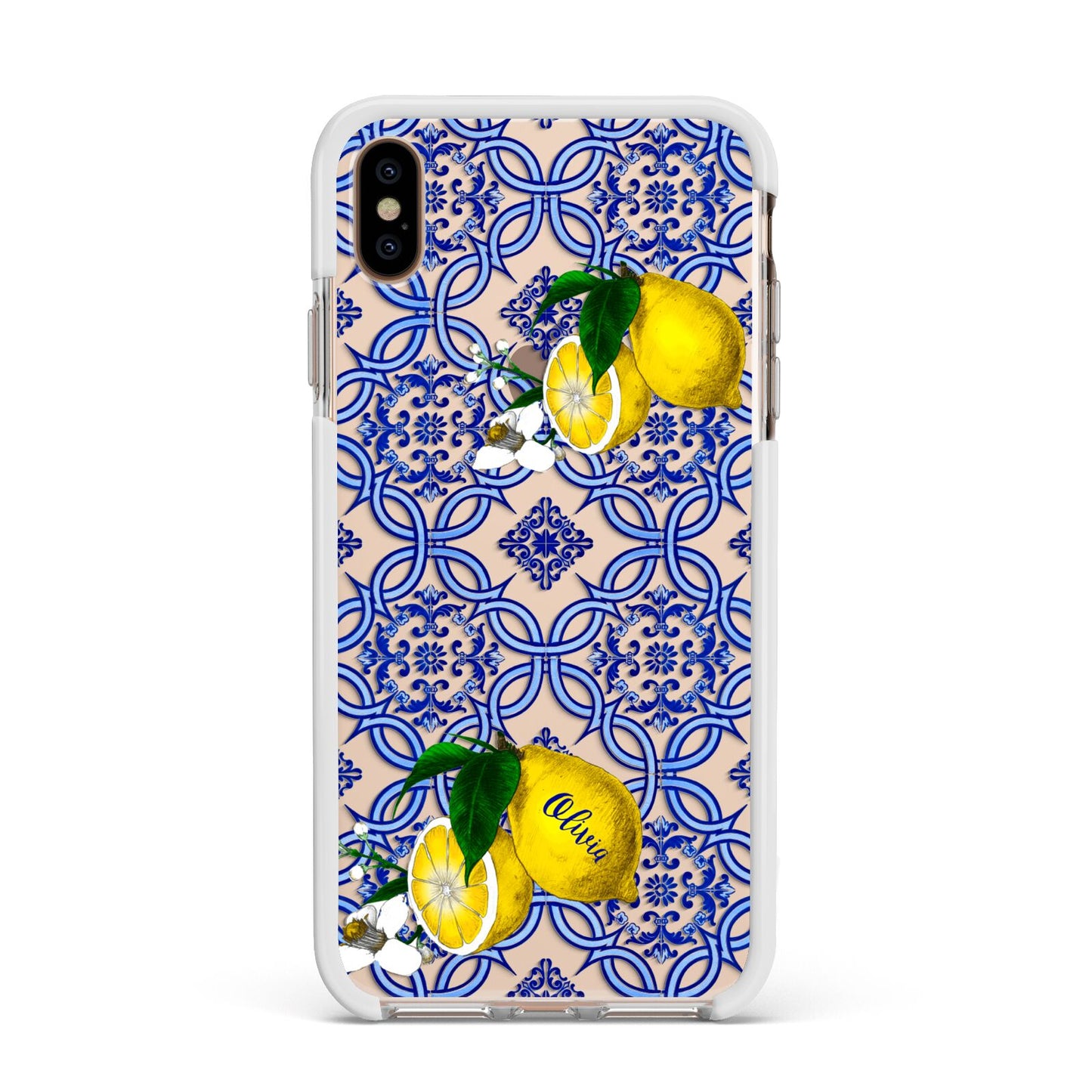 Personalised Mediterranean Tiles and Lemons Apple iPhone Xs Max Impact Case White Edge on Gold Phone