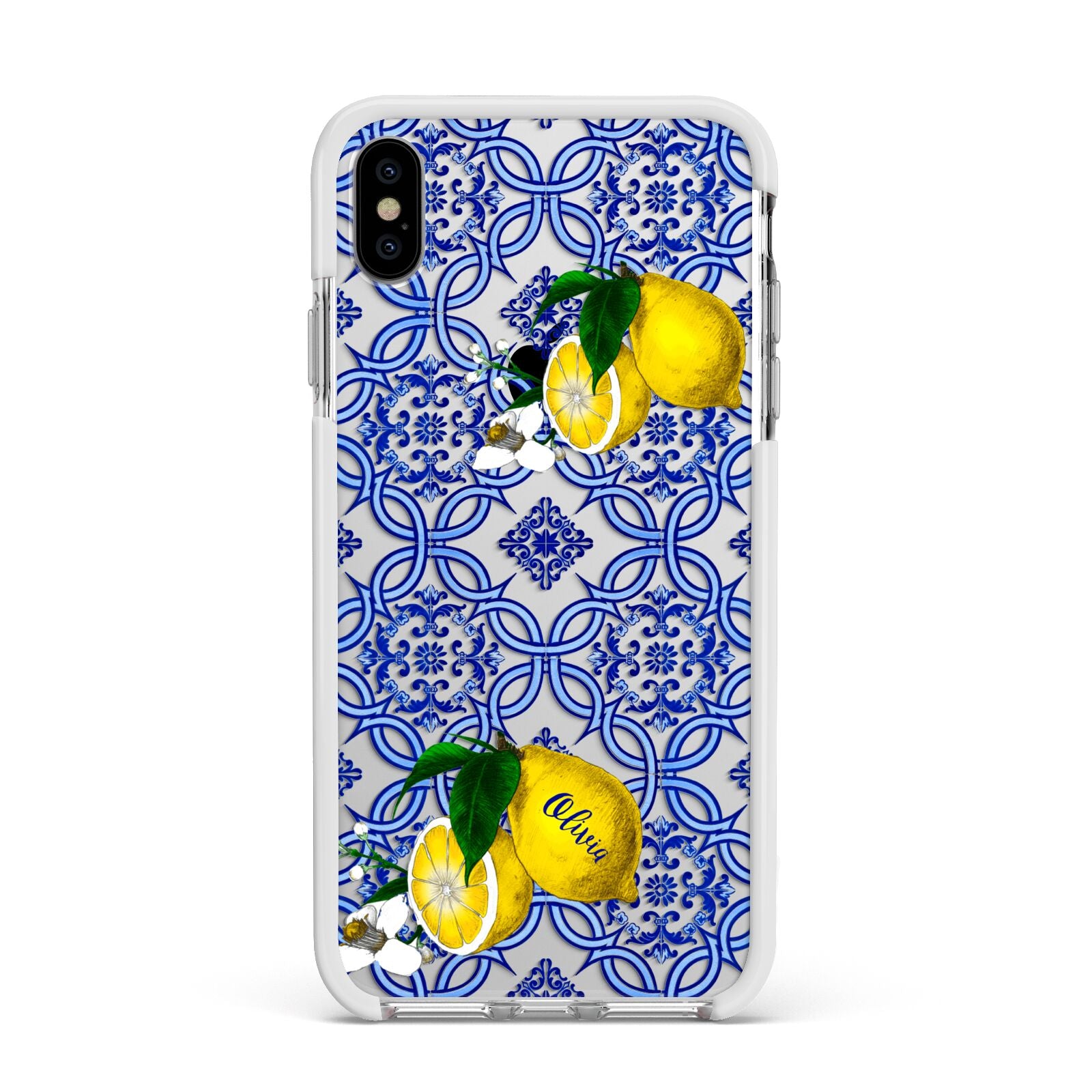 Personalised Mediterranean Tiles and Lemons Apple iPhone Xs Max Impact Case White Edge on Silver Phone