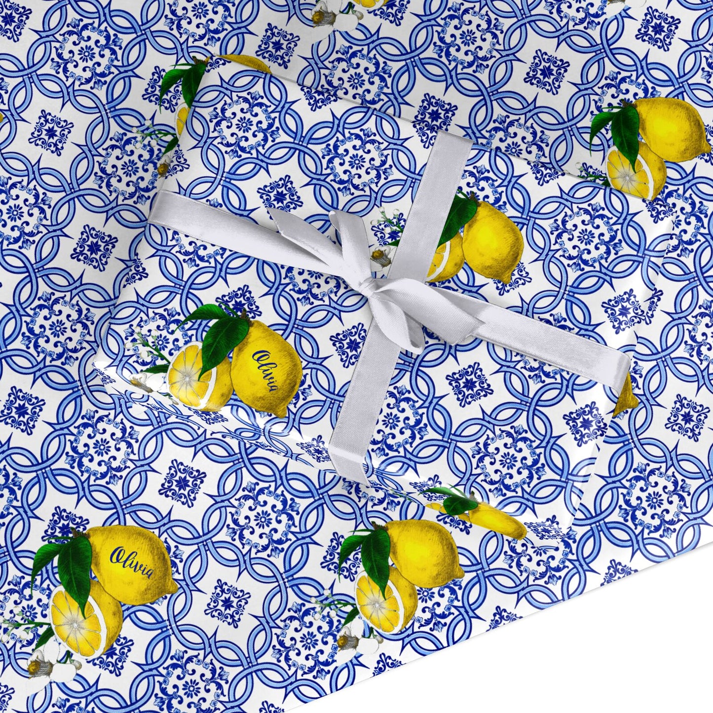 ECOARTTE Lemons and Moroccan Tile Wrapping Paper Set Includes: 6 Reversible Sheets 28”x20”, 6 Adhesive Gift Tags and 3 Yards of Ribbon. The Paper Is