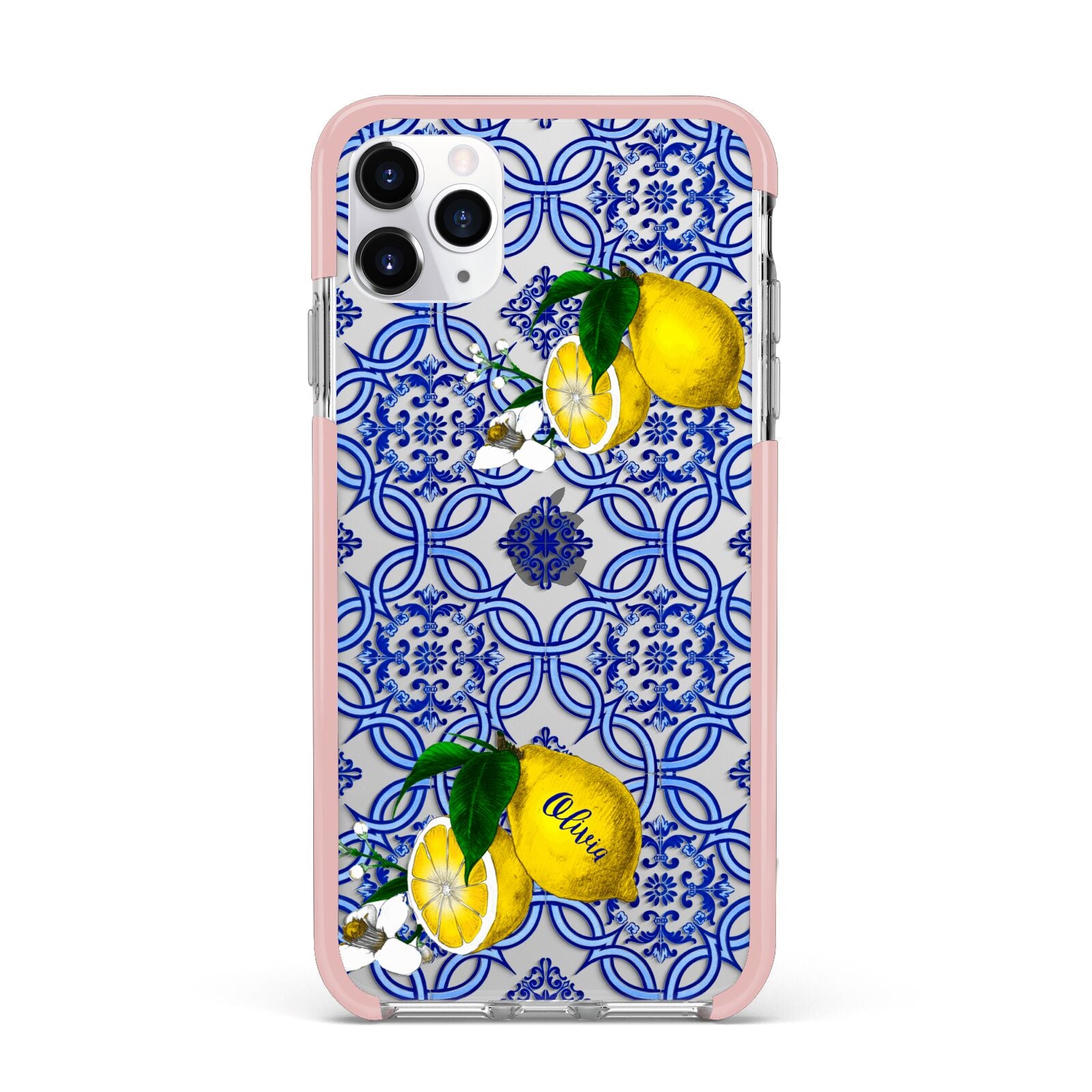Personalised Mediterranean Tiles and Lemons iPhone 11 Pro Max Impact Pink Edge Case