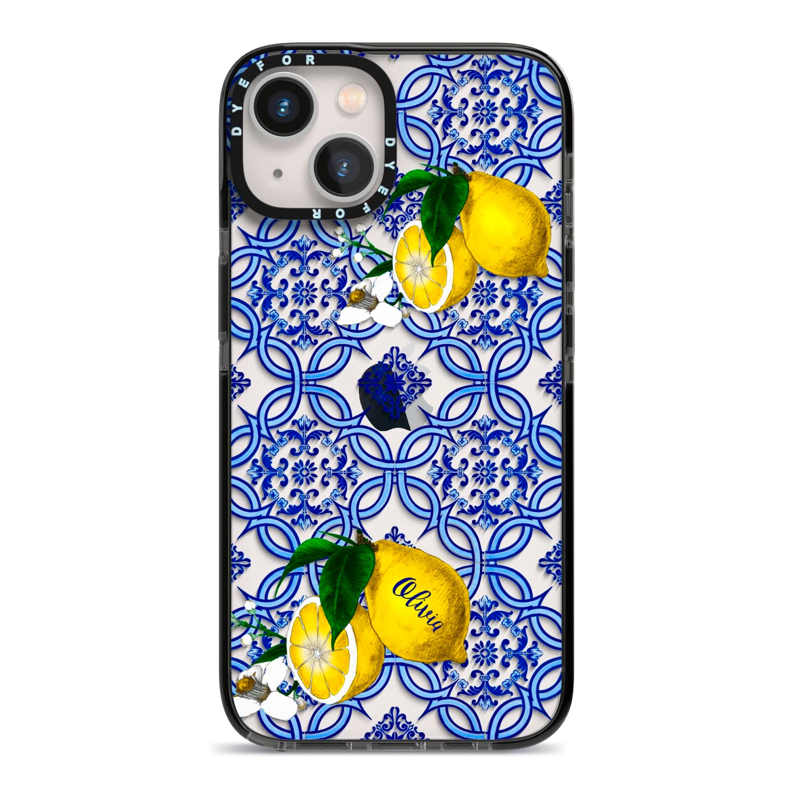 Personalised Mediterranean Tiles and Lemons iPhone 13 Black Impact Case on Silver phone