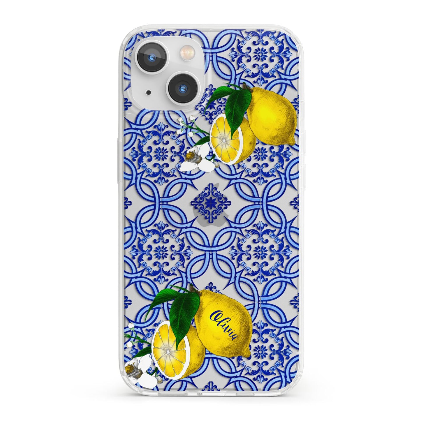 Personalised Mediterranean Tiles and Lemons iPhone 13 Clear Bumper Case