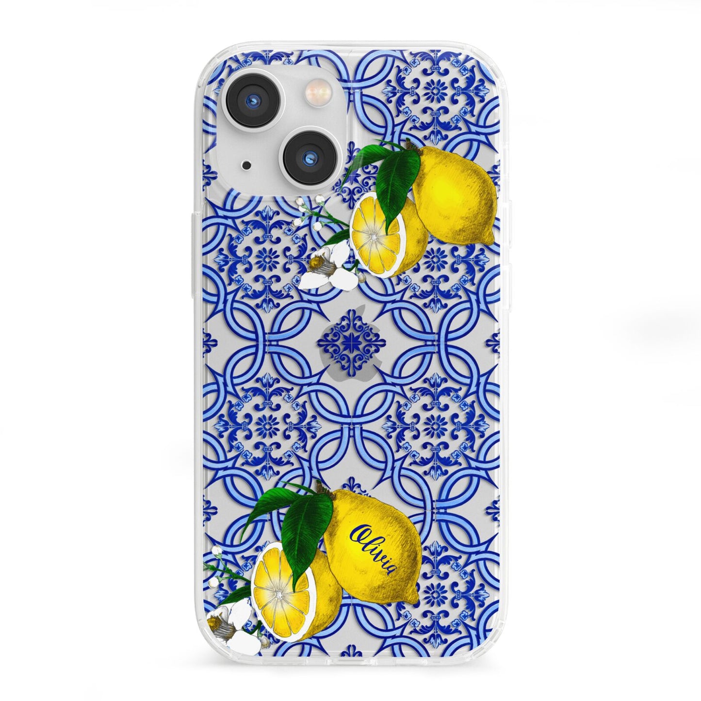 Personalised Mediterranean Tiles and Lemons iPhone 13 Mini Clear Bumper Case