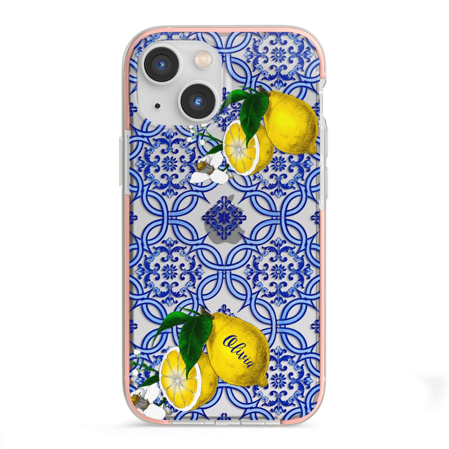 Personalised Mediterranean Tiles and Lemons iPhone 13 Mini TPU Impact Case with Pink Edges