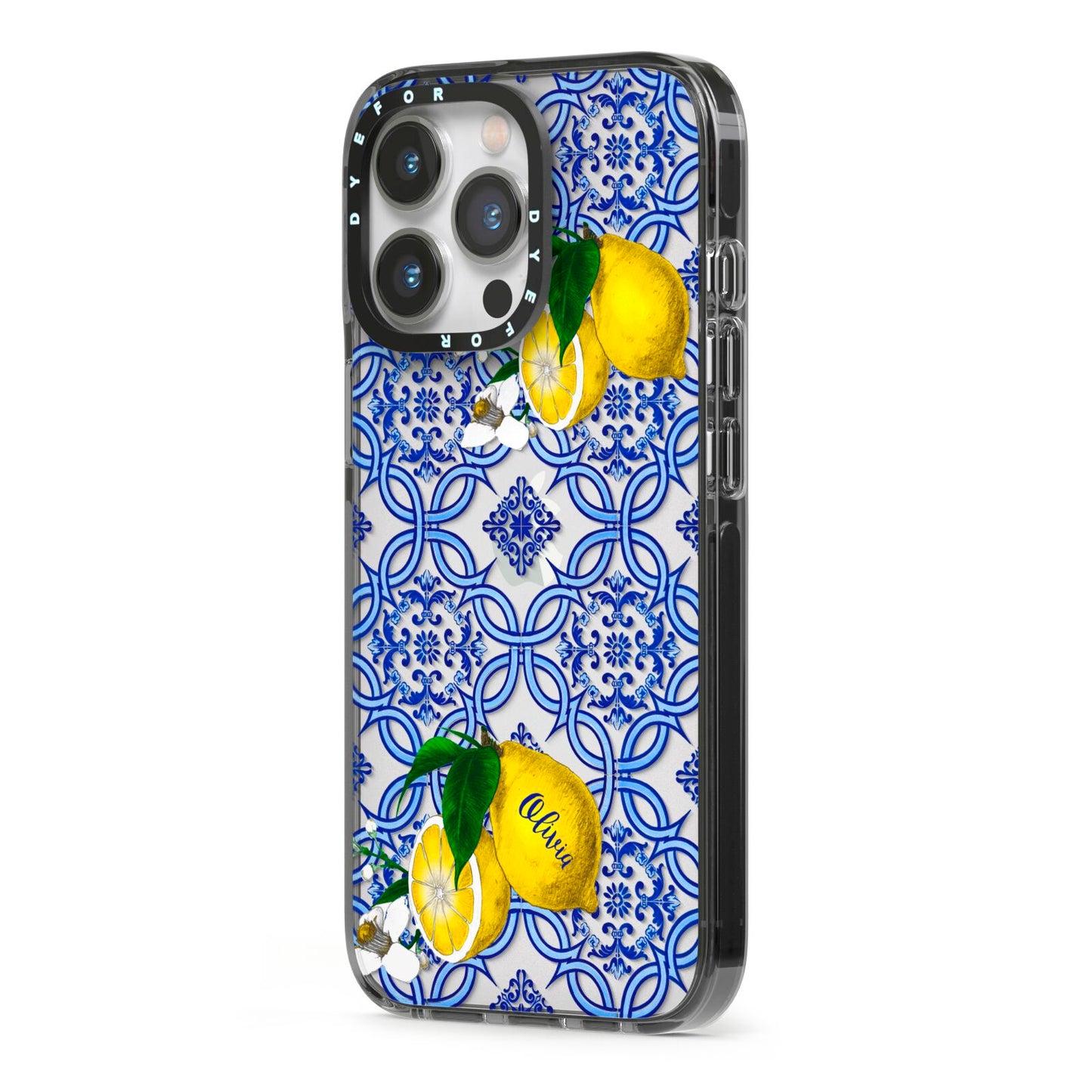 Personalised Mediterranean Tiles and Lemons iPhone 13 Pro Black Impact Case Side Angle on Silver phone