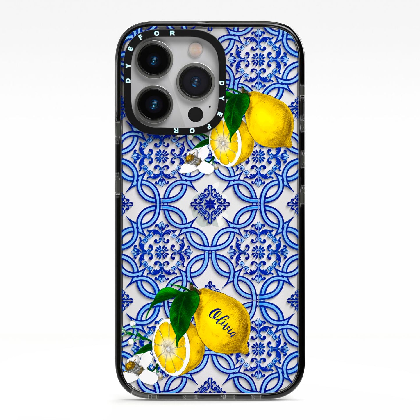 Personalised Mediterranean Tiles and Lemons iPhone 13 Pro Black Impact Case on Silver phone