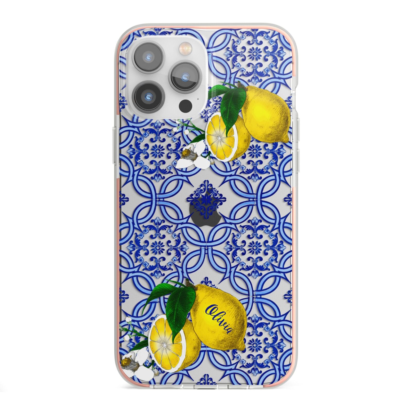 Personalised Mediterranean Tiles and Lemons iPhone 13 Pro Max TPU Impact Case with Pink Edges