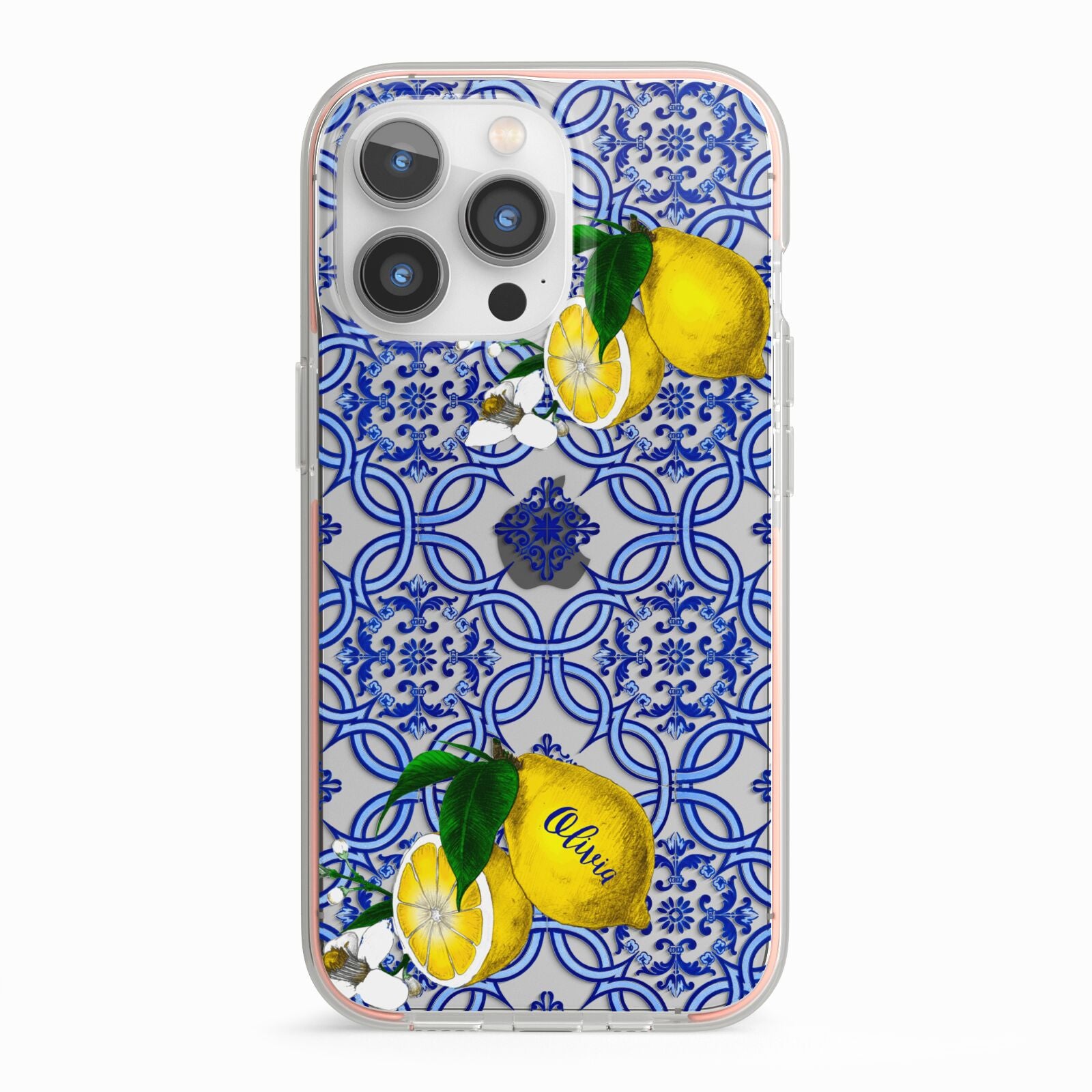 Personalised Mediterranean Tiles and Lemons iPhone 13 Pro TPU Impact Case with Pink Edges