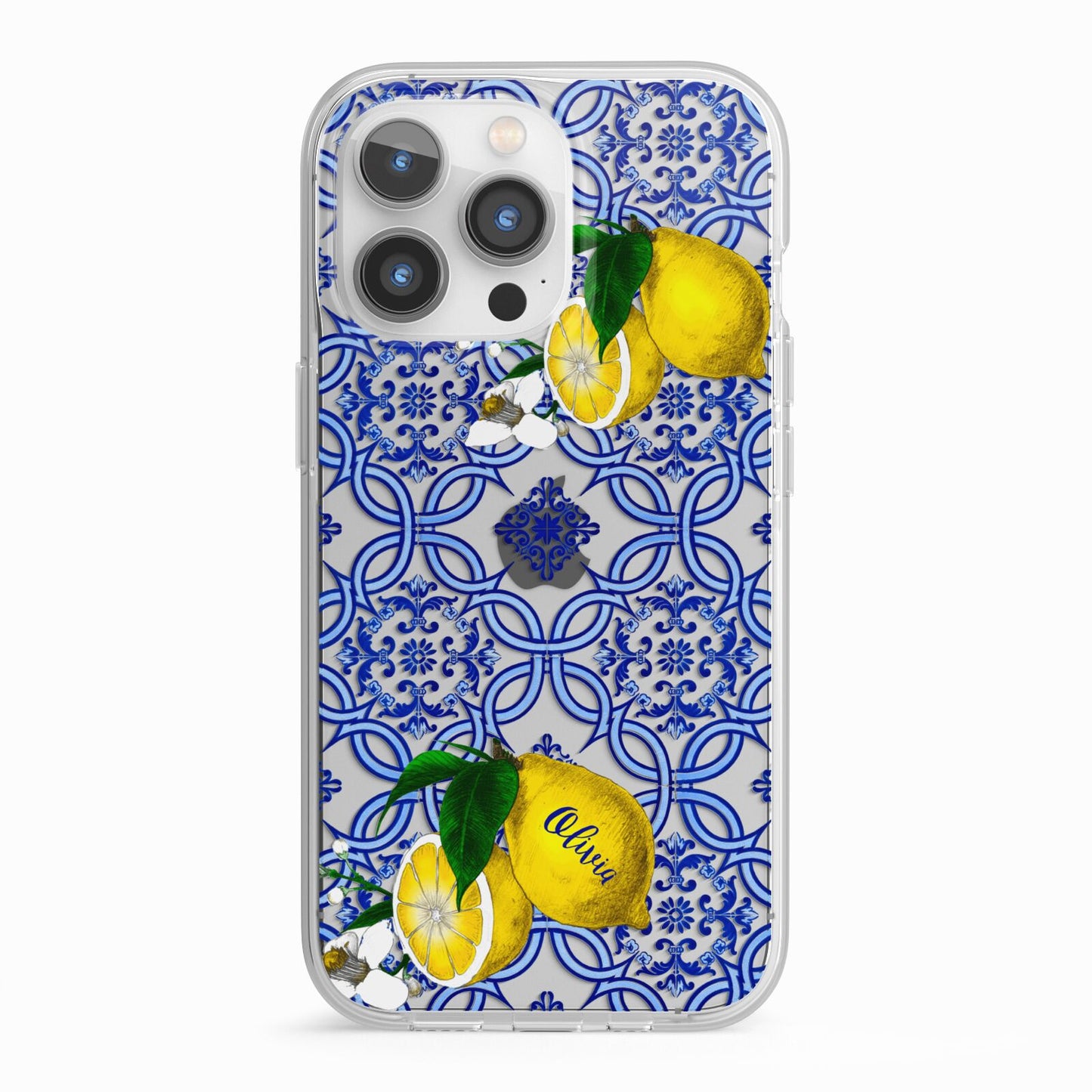 Personalised Mediterranean Tiles and Lemons iPhone 13 Pro TPU Impact Case with White Edges
