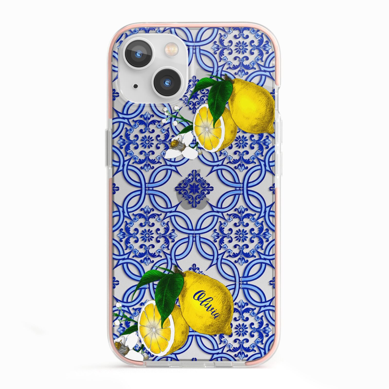 Personalised Mediterranean Tiles and Lemons iPhone 13 TPU Impact Case with Pink Edges