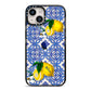 Personalised Mediterranean Tiles and Lemons iPhone 14 Black Impact Case on Silver phone