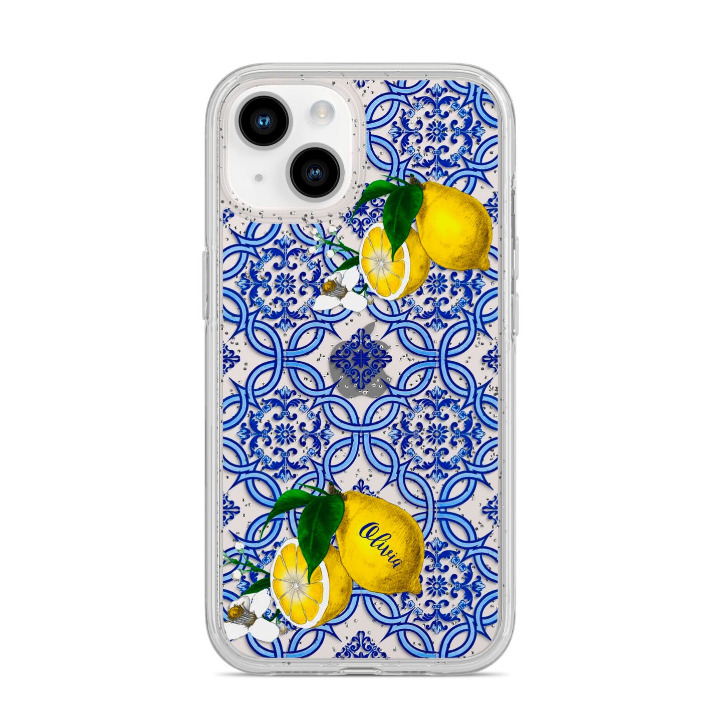 Personalised Mediterranean Tiles and Lemons iPhone 14 Glitter Tough Case Starlight