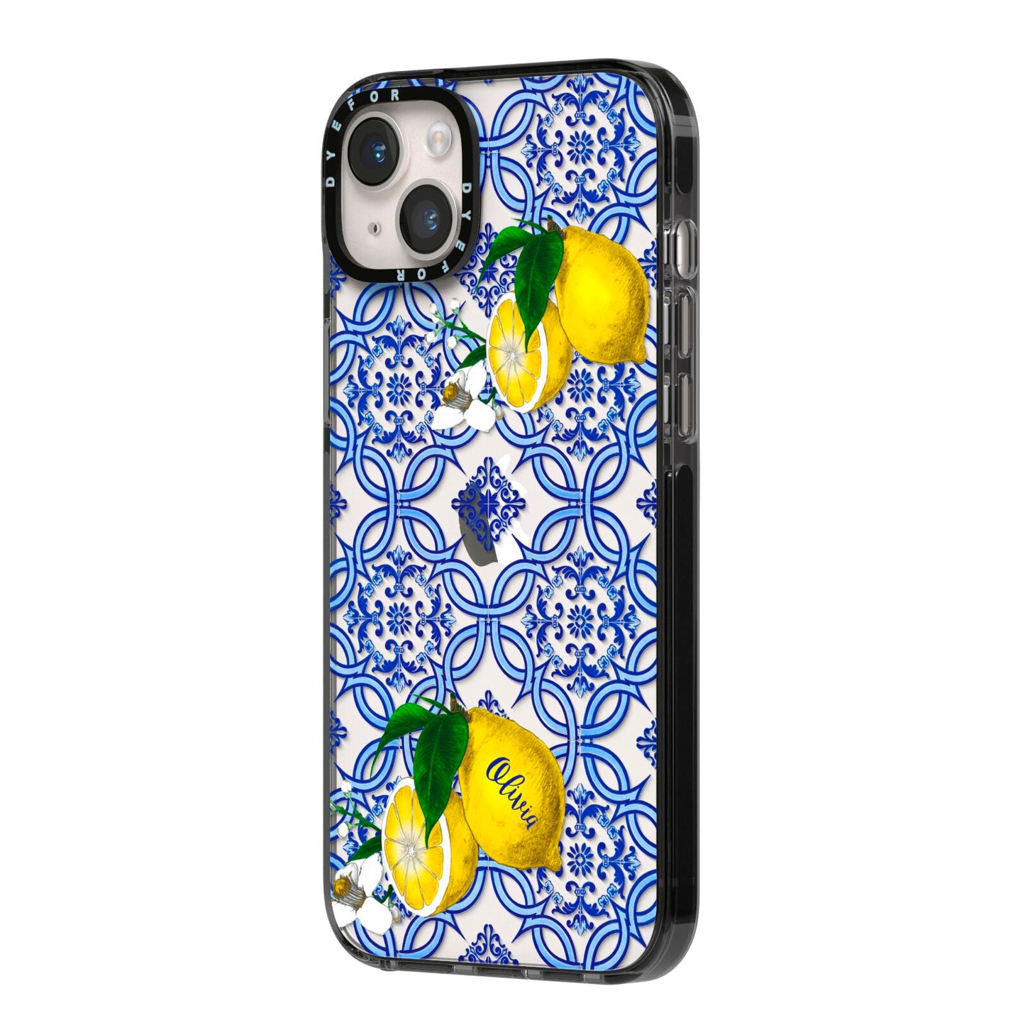 Personalised Mediterranean Tiles and Lemons iPhone 14 Plus Black Impact Case Side Angle on Silver phone