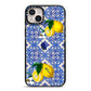 Personalised Mediterranean Tiles and Lemons iPhone 14 Plus Black Impact Case on Silver phone