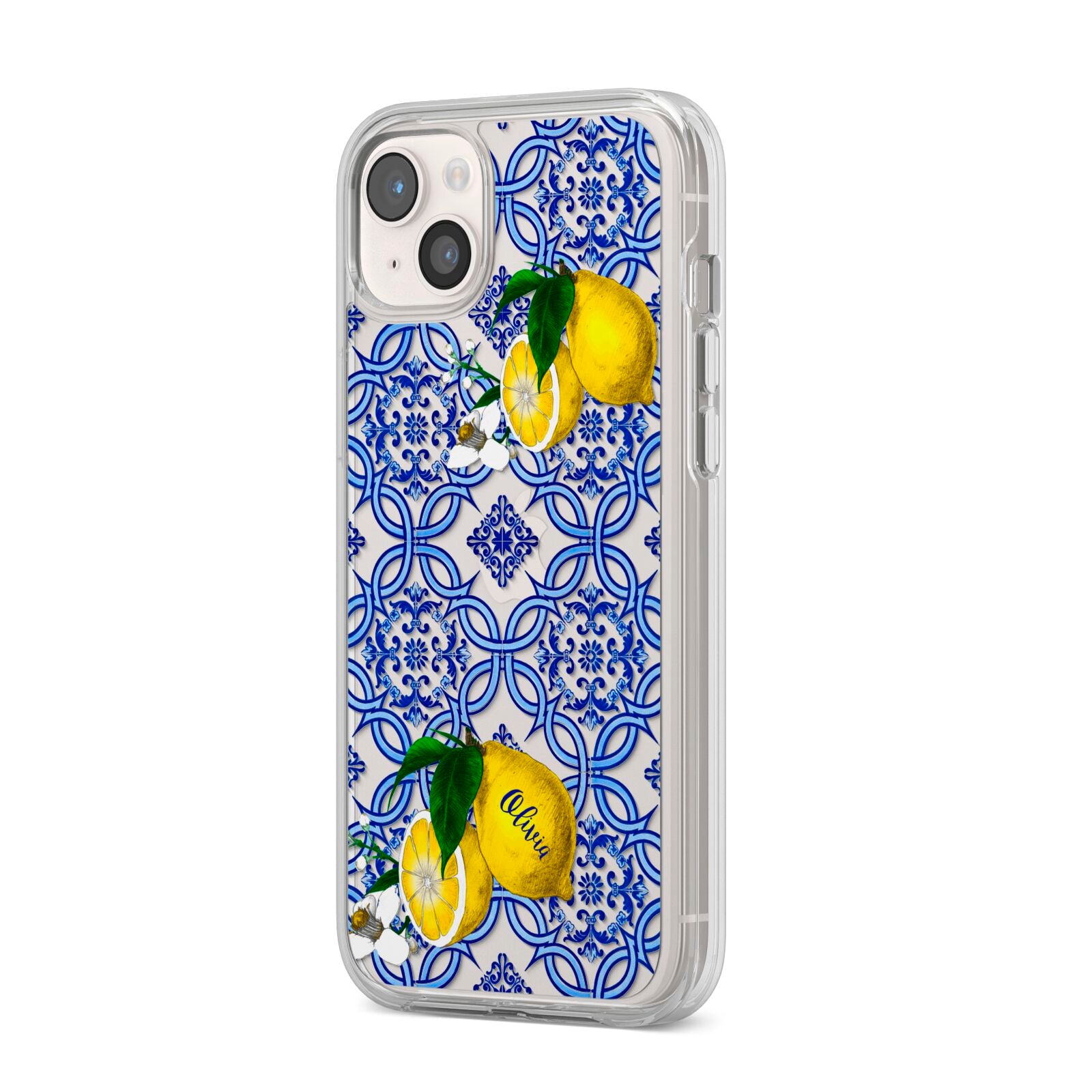 Personalised Mediterranean Tiles and Lemons iPhone 14 Plus Clear Tough Case Starlight Angled Image