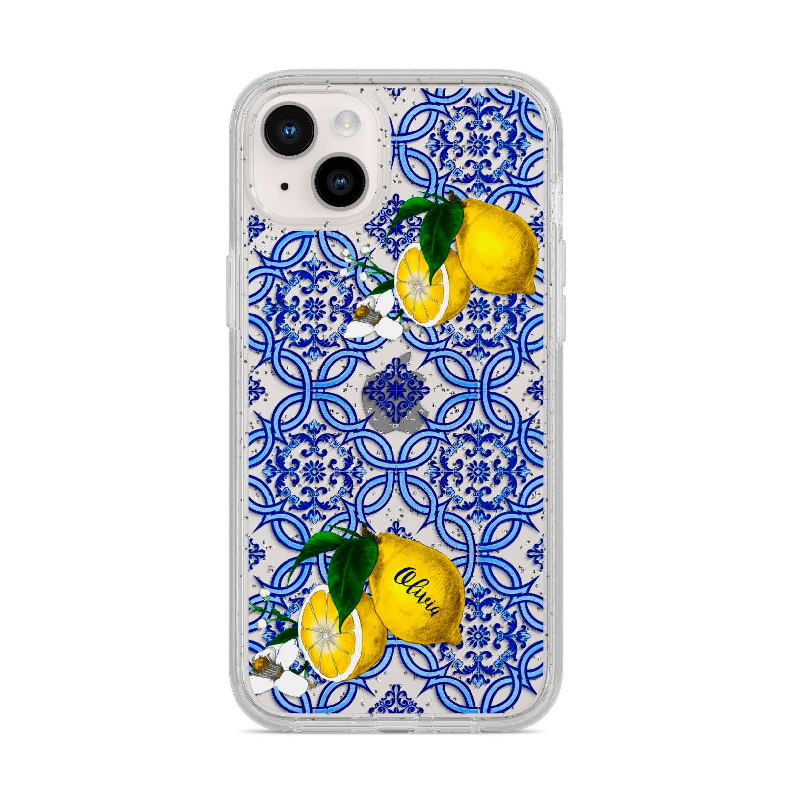 Personalised Mediterranean Tiles and Lemons iPhone 14 Plus Glitter Tough Case Starlight