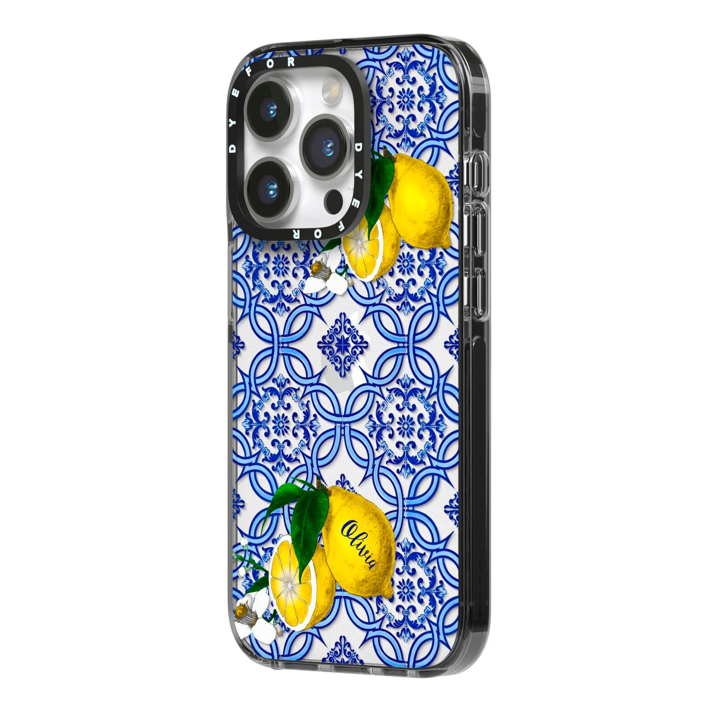 Personalised Mediterranean Tiles and Lemons iPhone 14 Pro Black Impact Case Side Angle on Silver phone