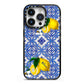 Personalised Mediterranean Tiles and Lemons iPhone 14 Pro Black Impact Case on Silver phone