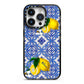 Personalised Mediterranean Tiles and Lemons iPhone 14 Pro Black Impact Case on Silver phone