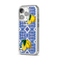 Personalised Mediterranean Tiles and Lemons iPhone 14 Pro Clear Tough Case Silver Angled Image