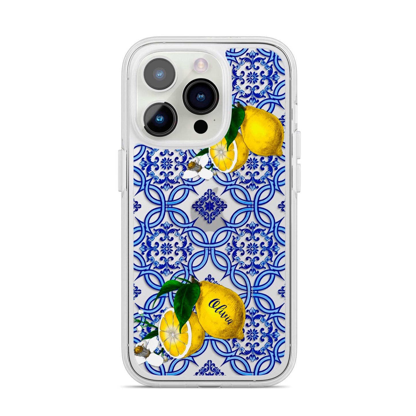 Personalised Mediterranean Tiles and Lemons iPhone 14 Pro Clear Tough Case Silver