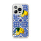 Personalised Mediterranean Tiles and Lemons iPhone 14 Pro Glitter Tough Case Silver