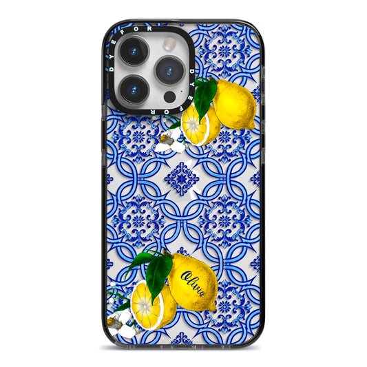 Personalised Mediterranean Tiles and Lemons iPhone 14 Pro Max Black Impact Case on Silver phone