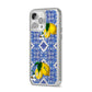 Personalised Mediterranean Tiles and Lemons iPhone 14 Pro Max Clear Tough Case Silver Angled Image