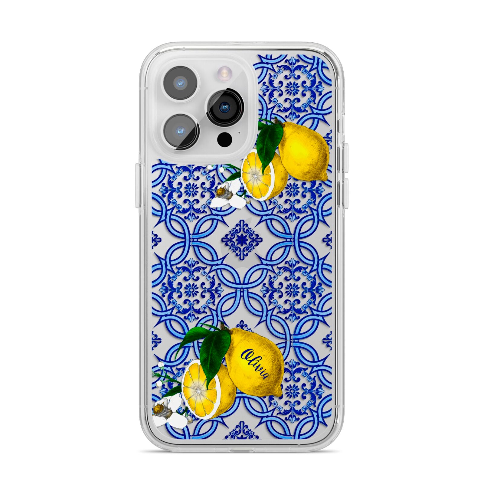Personalised Mediterranean Tiles and Lemons iPhone 14 Pro Max Clear Tough Case Silver