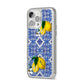 Personalised Mediterranean Tiles and Lemons iPhone 14 Pro Max Glitter Tough Case Silver Angled Image