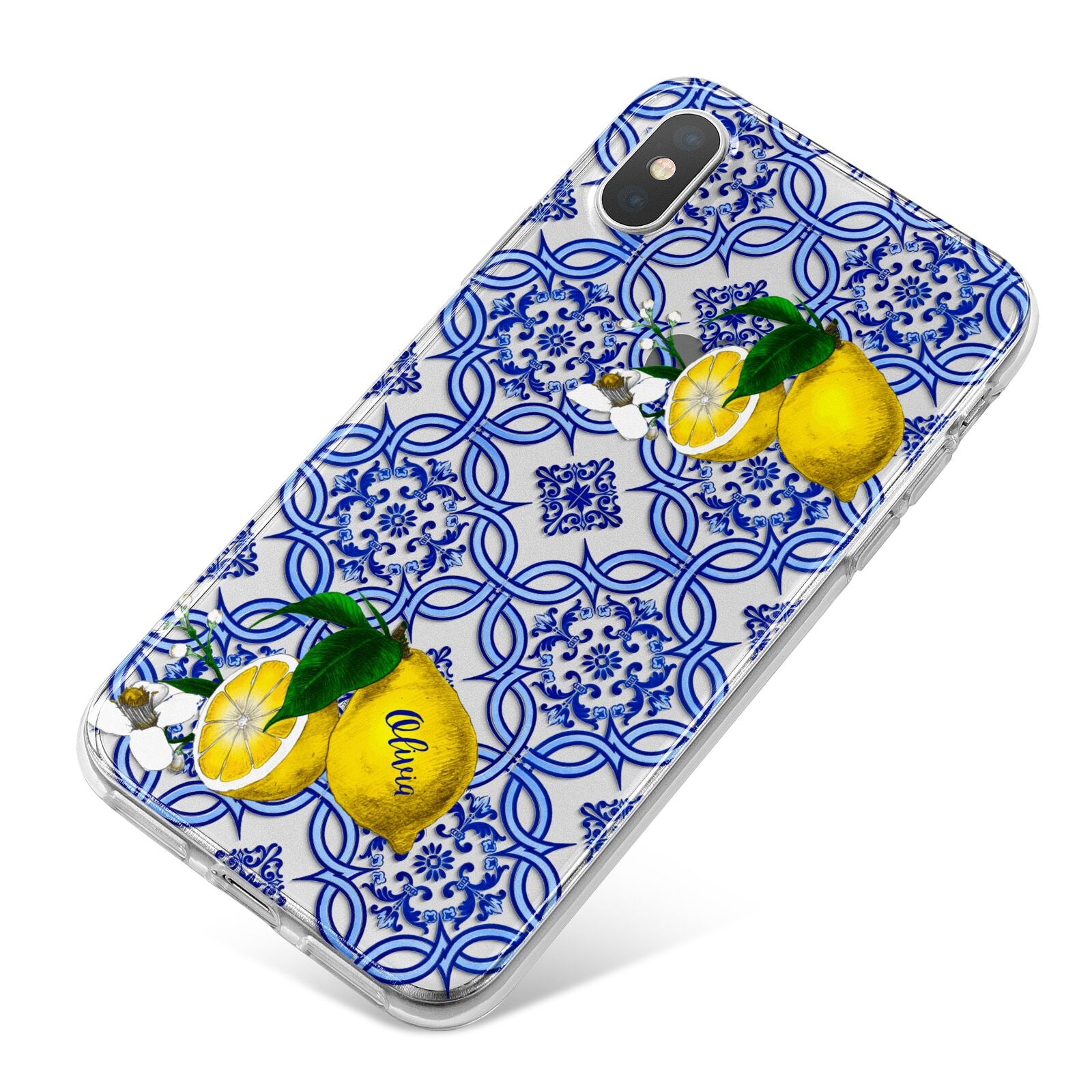 Personalised Mediterranean Tiles and Lemons iPhone X Bumper Case on Silver iPhone