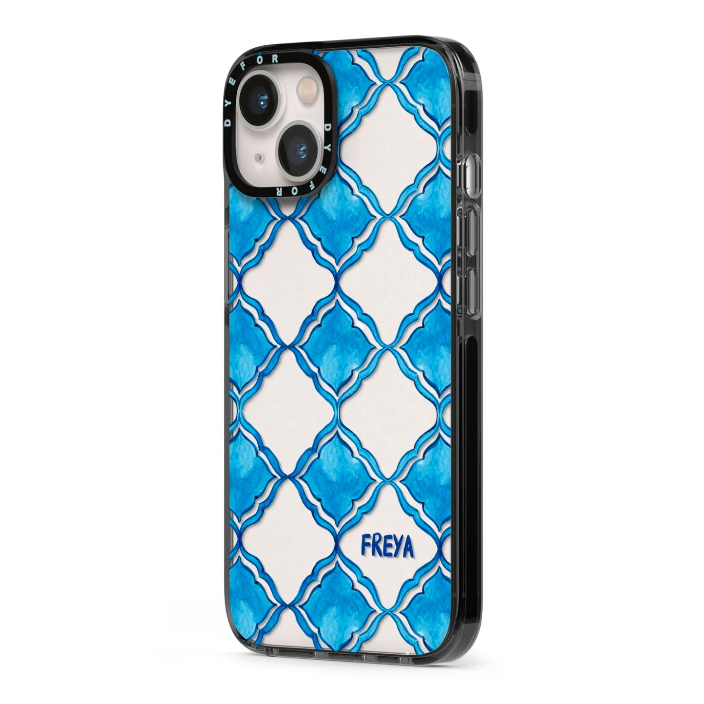 Personalised Mediterranean Tiles iPhone 13 Black Impact Case Side Angle on Silver phone