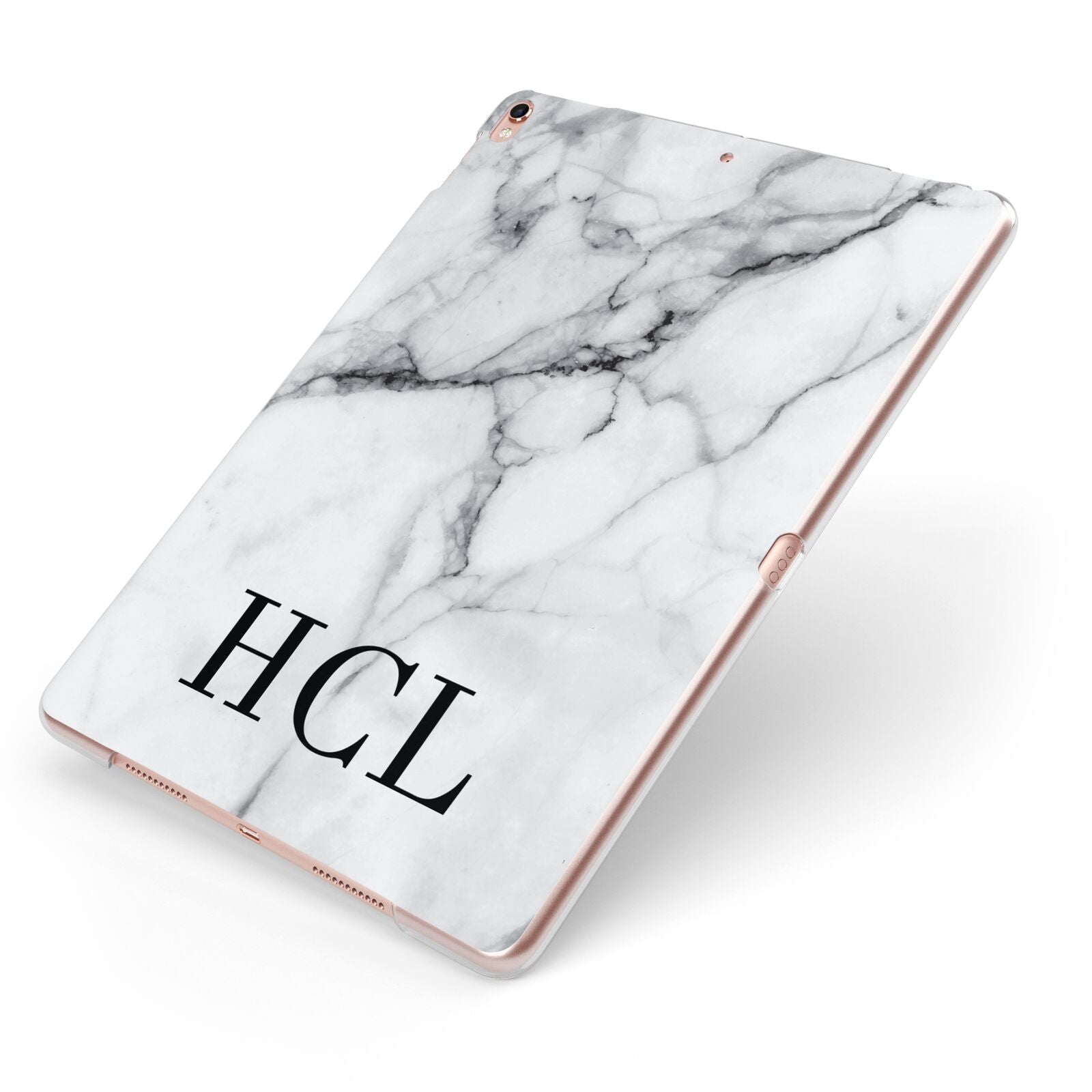 Personalised Medium Marble Initials Apple iPad Case on Rose Gold iPad Side View