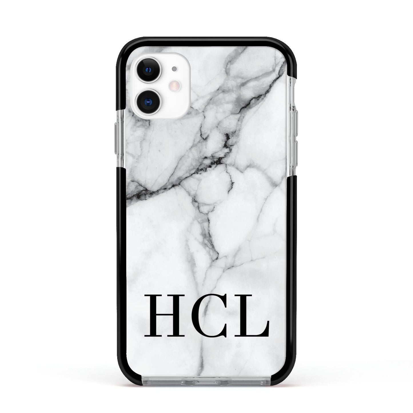 Personalised Medium Marble Initials Apple iPhone 11 in White with Black Impact Case