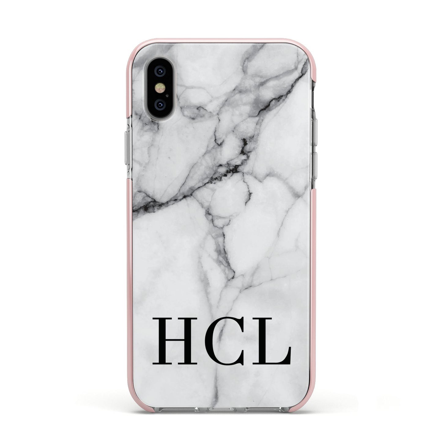 Personalised Medium Marble Initials Apple iPhone Xs Impact Case Pink Edge on Silver Phone