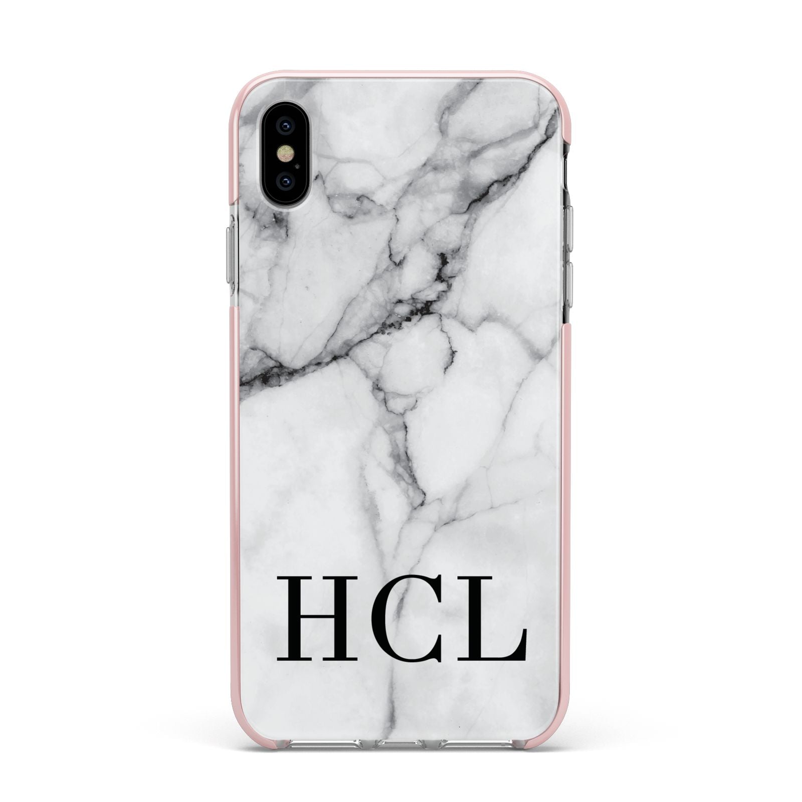 Personalised Medium Marble Initials Apple iPhone Xs Max Impact Case Pink Edge on Silver Phone
