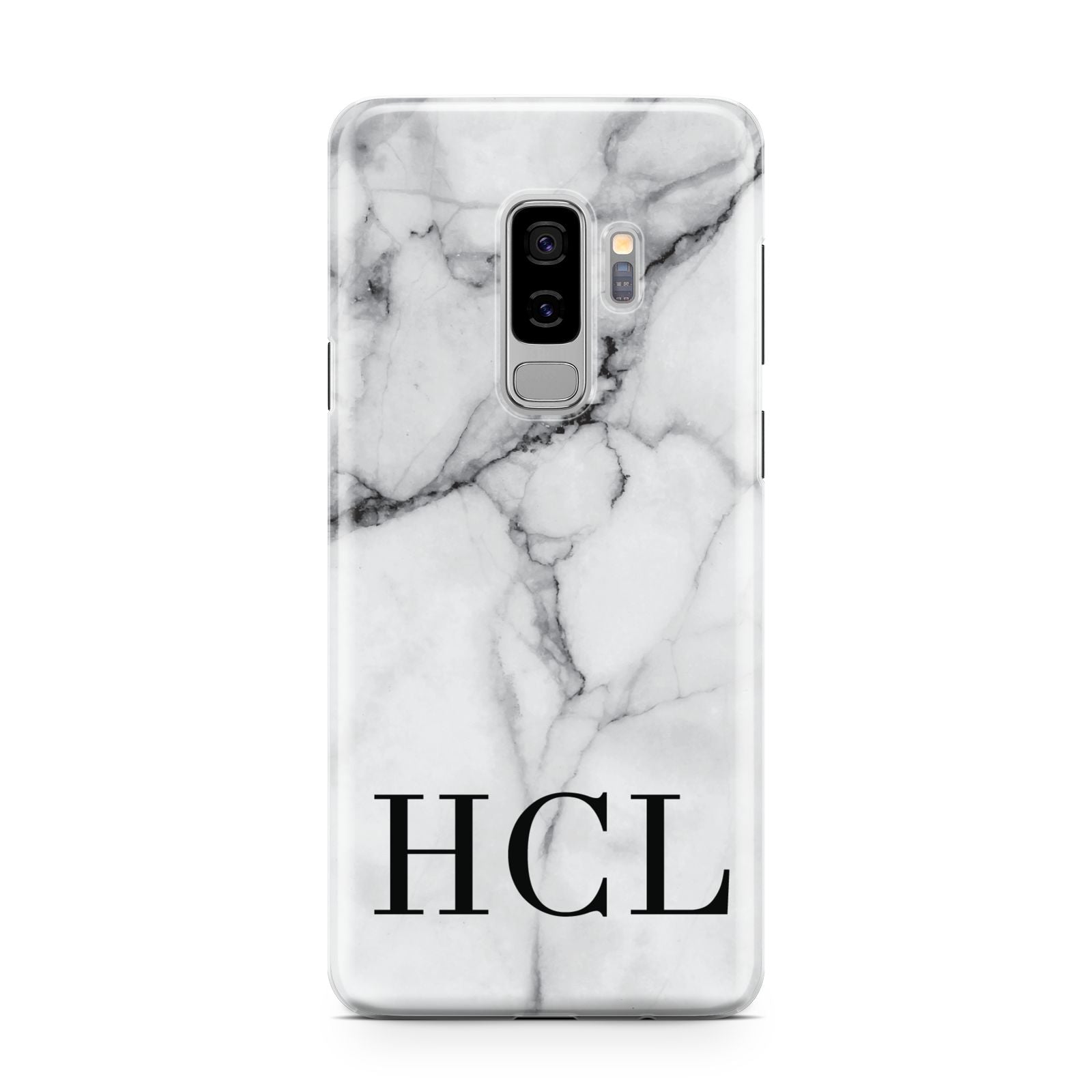 Personalised Medium Marble Initials Samsung Galaxy S9 Plus Case on Silver phone