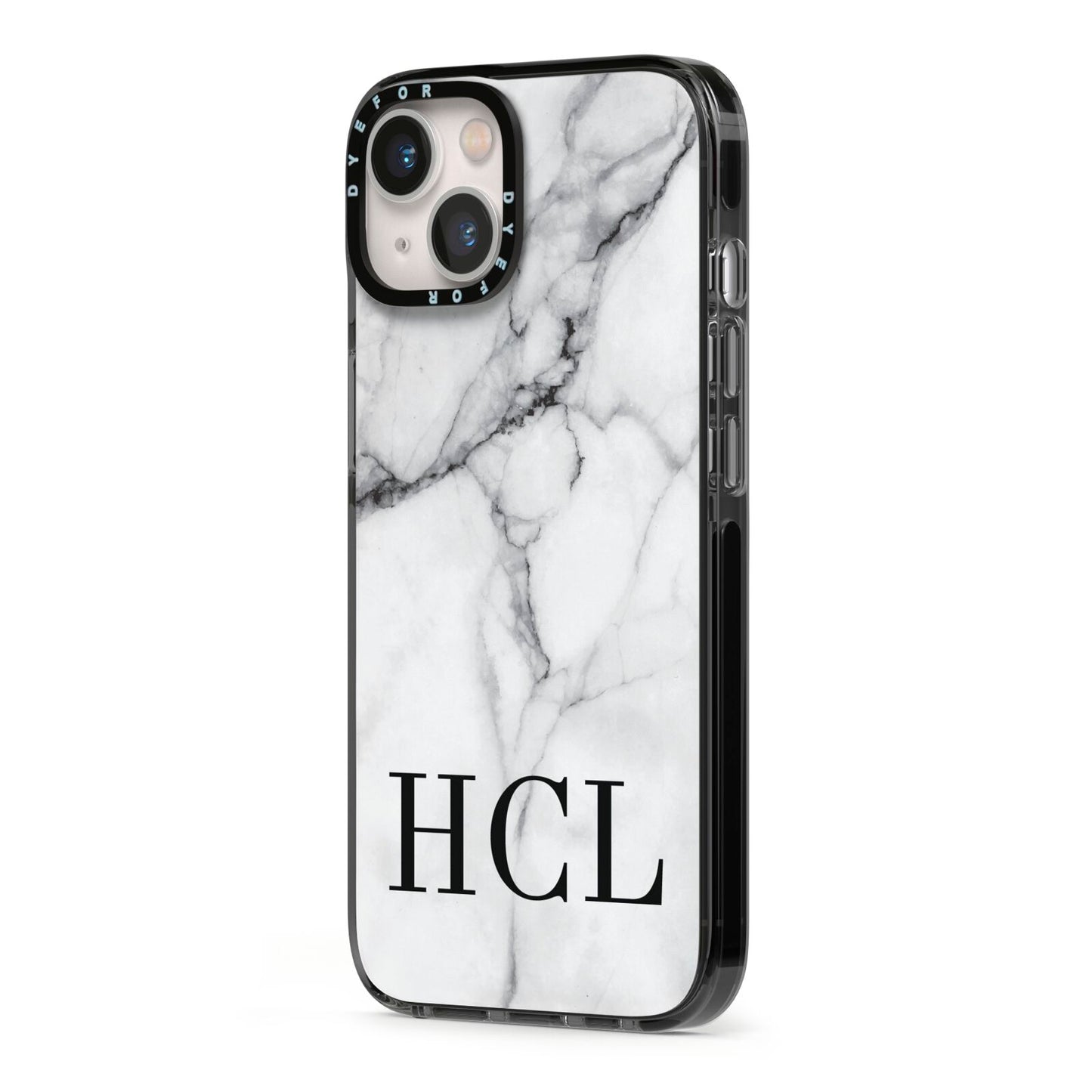 Personalised Medium Marble Initials iPhone 13 Black Impact Case Side Angle on Silver phone
