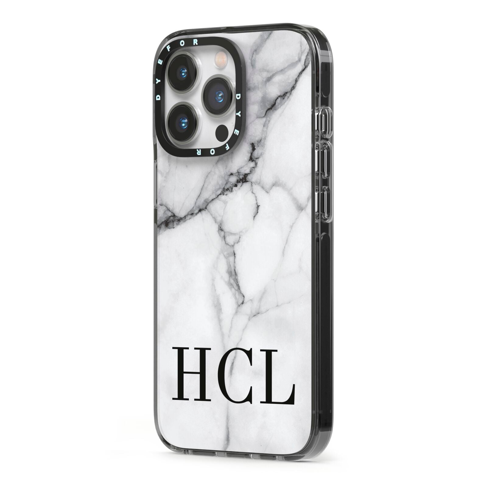 Personalised Medium Marble Initials iPhone 13 Pro Black Impact Case Side Angle on Silver phone