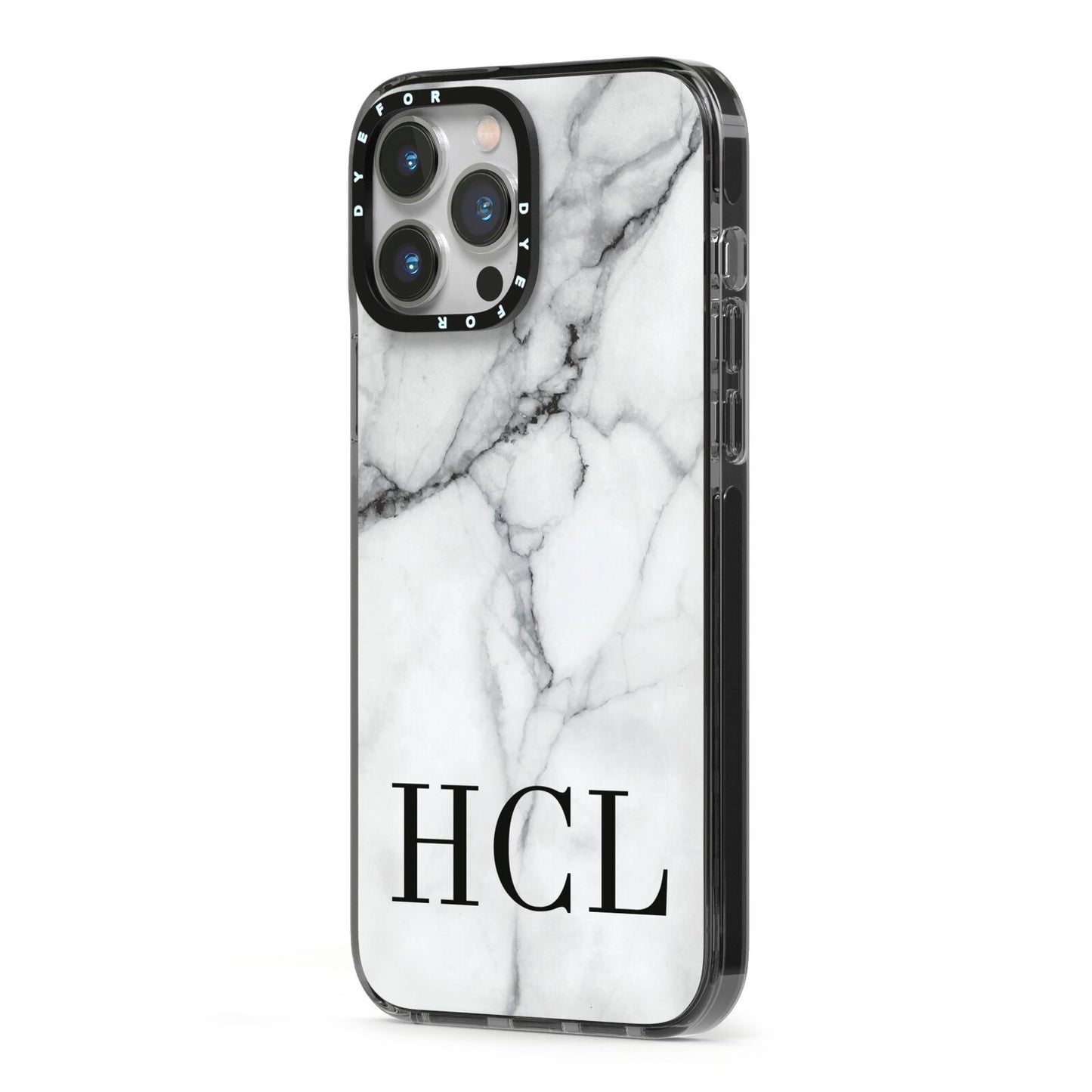 Personalised Medium Marble Initials iPhone 13 Pro Max Black Impact Case Side Angle on Silver phone