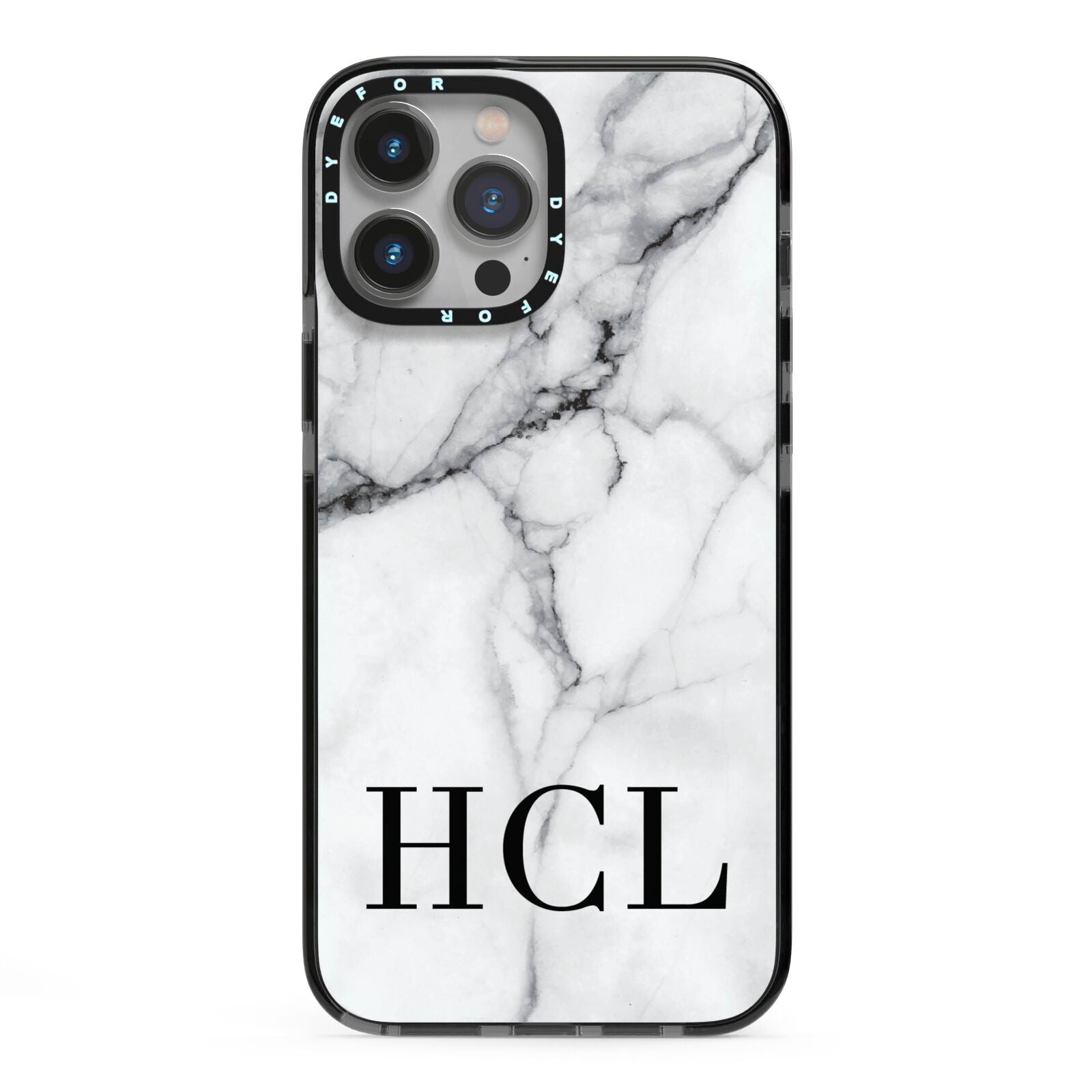 Personalised Medium Marble Initials iPhone 13 Pro Max Black Impact Case on Silver phone