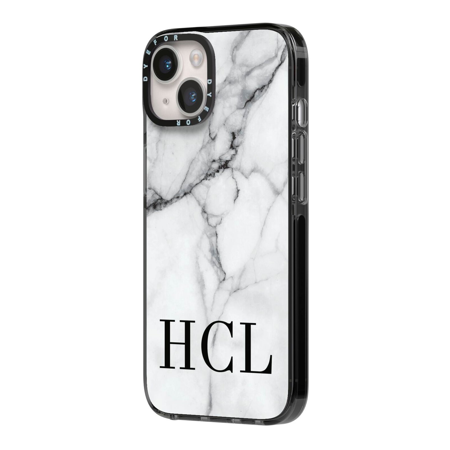 Personalised Medium Marble Initials iPhone 14 Black Impact Case Side Angle on Silver phone