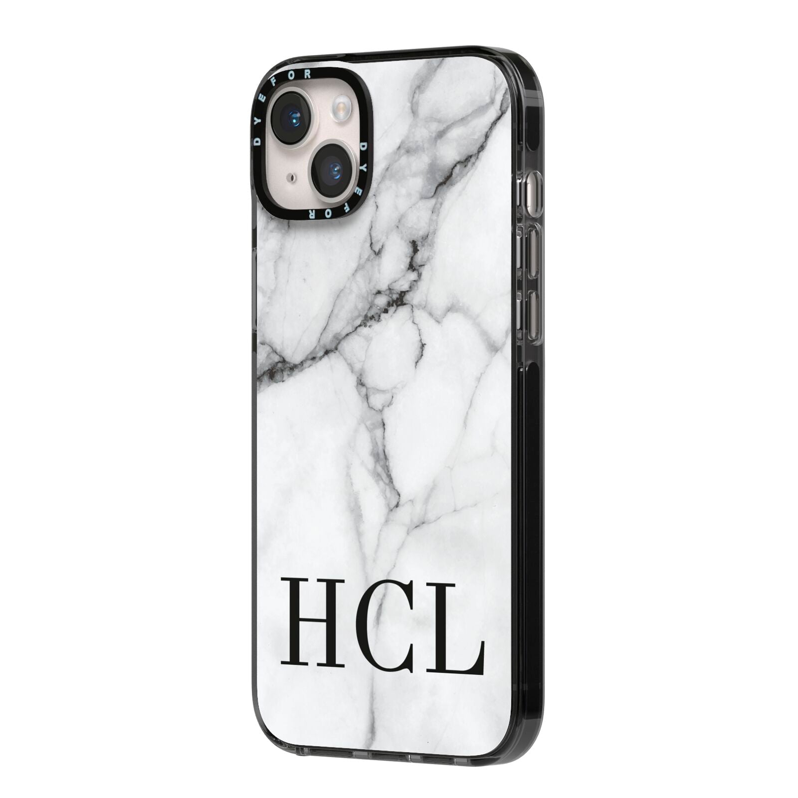 Personalised Medium Marble Initials iPhone 14 Plus Black Impact Case Side Angle on Silver phone