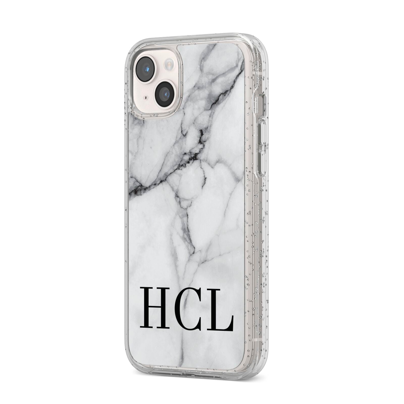 Personalised Medium Marble Initials iPhone 14 Plus Glitter Tough Case Starlight Angled Image